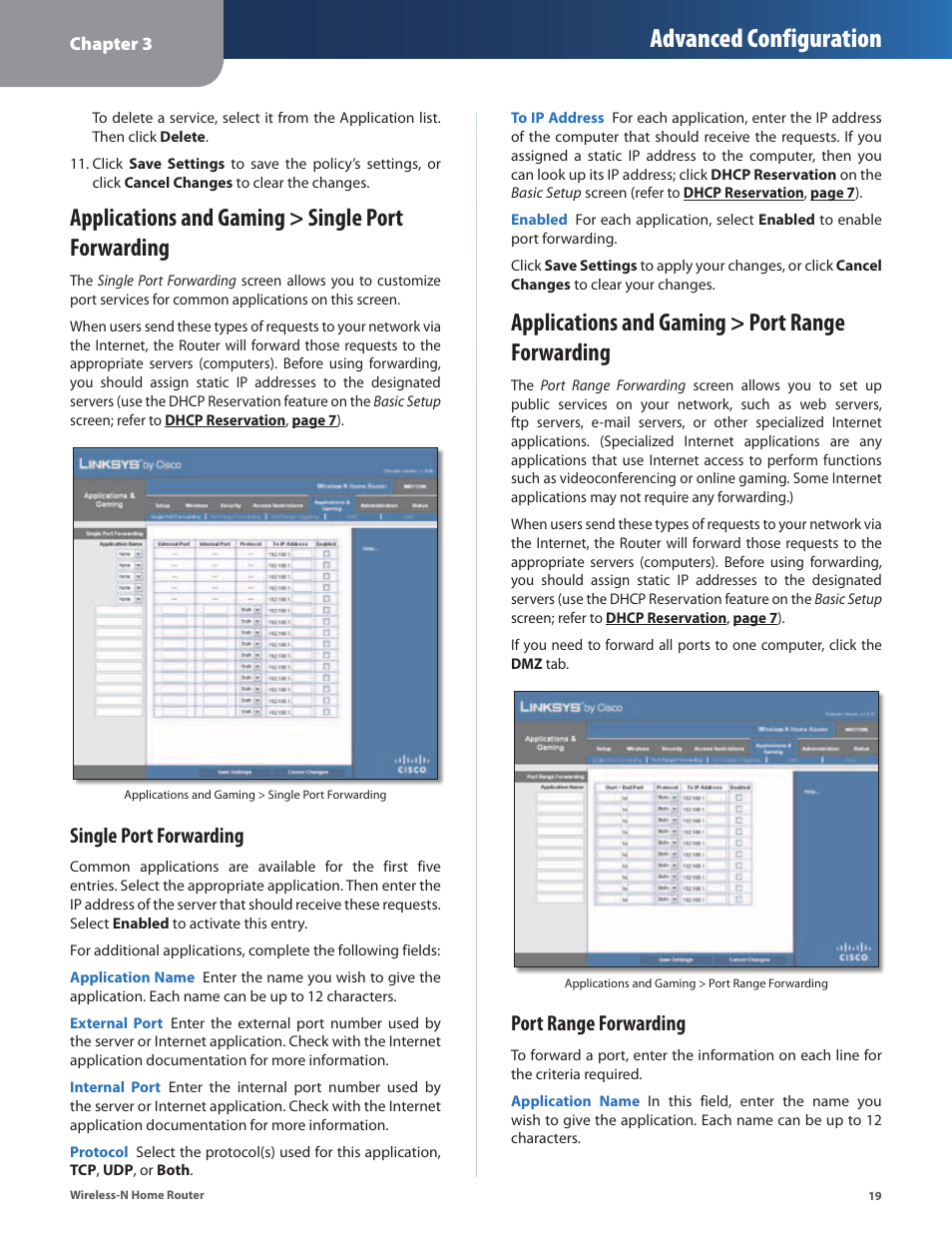 Applications and gaming > single port forwarding, Applications and gaming > port range forwarding, Advanced configuration | Single port forwarding, Port range forwarding | Linksys WRT120N User Manual | Page 23 / 55