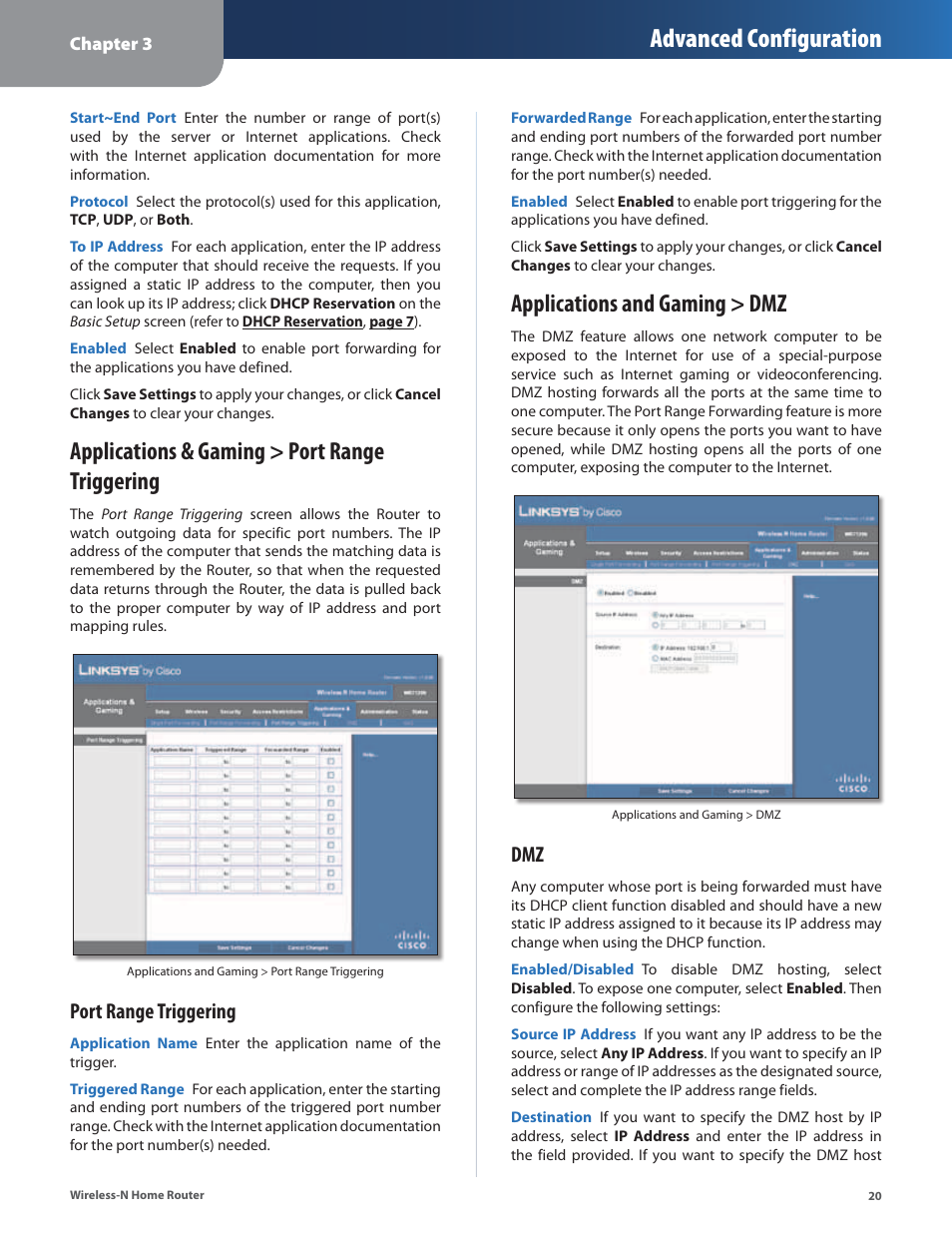 Applications & gaming > port range triggering, Applications and gaming > dmz, Advanced configuration | Port range triggering | Linksys WRT120N User Manual | Page 24 / 55