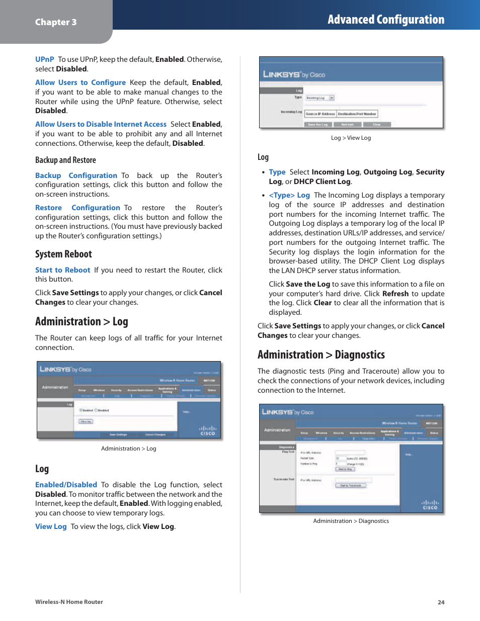 Administration > log, Administration > diagnostics, Administration > log administration > diagnostics | Advanced configuration, System reboot | Linksys WRT120N User Manual | Page 28 / 55