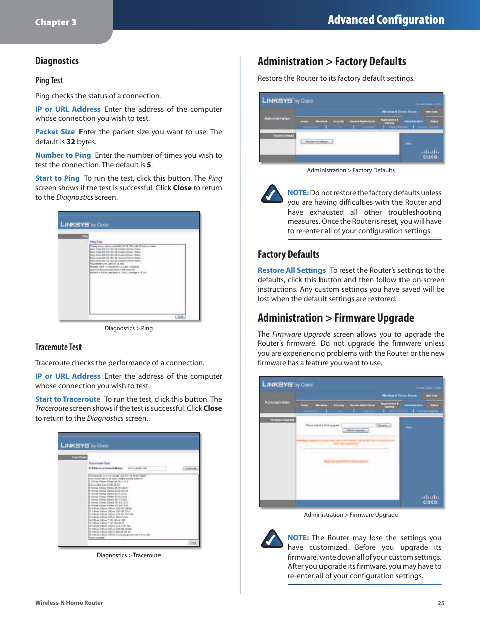 Administration > factory defaults, Administration > firmware upgrade, Advanced configuration | Diagnostics, Factory defaults | Linksys WRT120N User Manual | Page 29 / 55