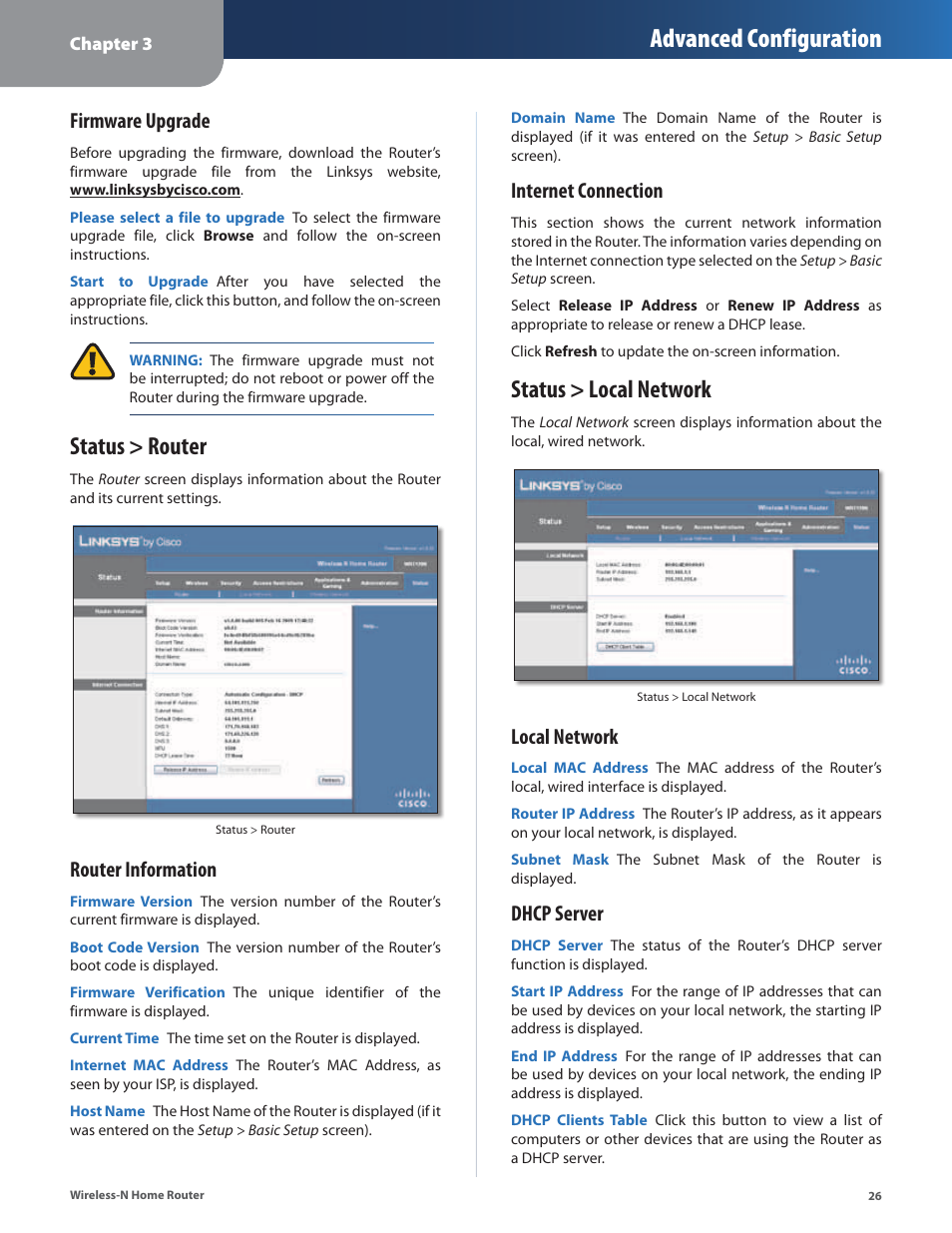 Status > router, Status > local network, Status > router status > local network | Advanced configuration, Firmware upgrade, Router information, Internet connection, Local network, Dhcp server | Linksys WRT120N User Manual | Page 30 / 55