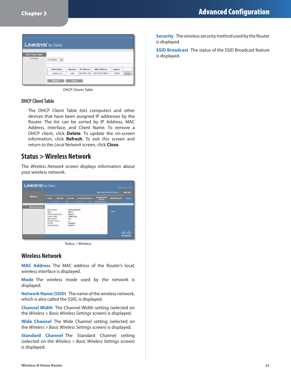 Status > wireless network, Advanced configuration, Wireless network | Linksys WRT120N User Manual | Page 31 / 55