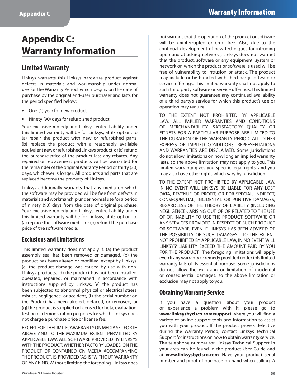Appendix c: warranty information, Limited warranty, Warranty information | Exclusions and limitations, Obtaining warranty service | Linksys WRT120N User Manual | Page 34 / 55