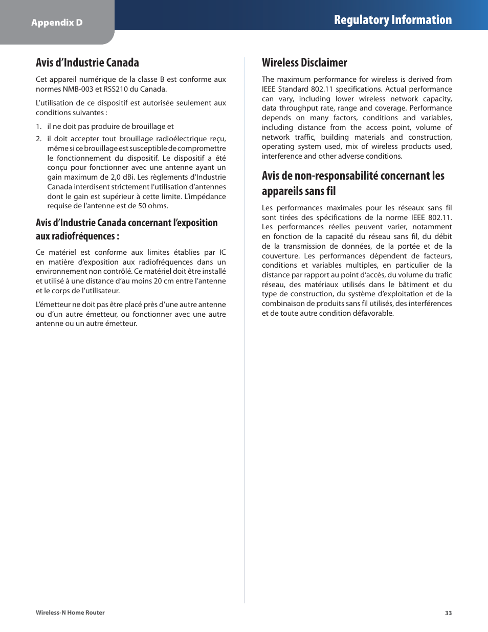 Avis d’industrie canada, Wireless disclaimer, Regulatory information | Linksys WRT120N User Manual | Page 37 / 55
