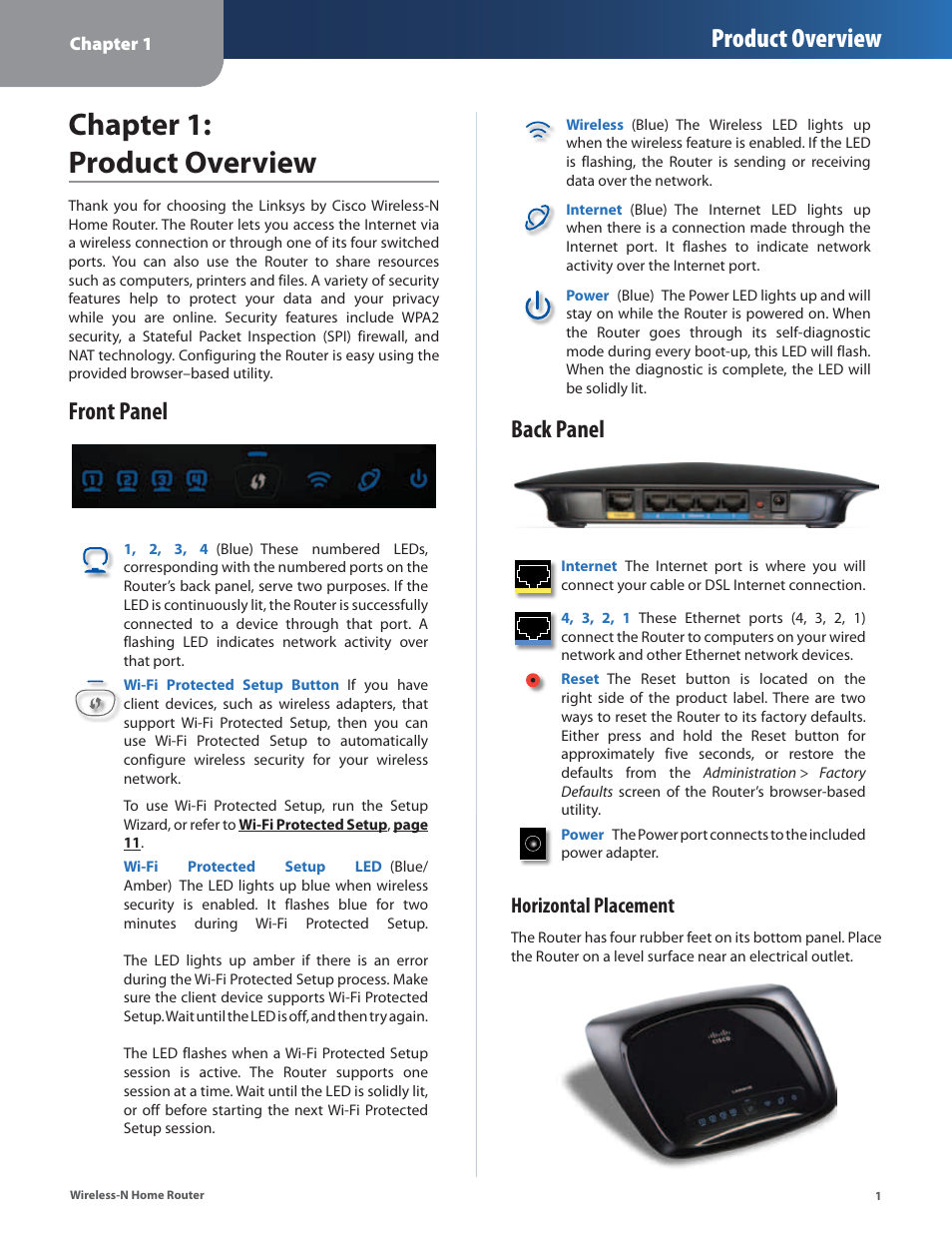 Chapter 1: product overview, Front panel, Back panel | Front panel back panel, Product overview, Horizontal placement | Linksys WRT120N User Manual | Page 5 / 55