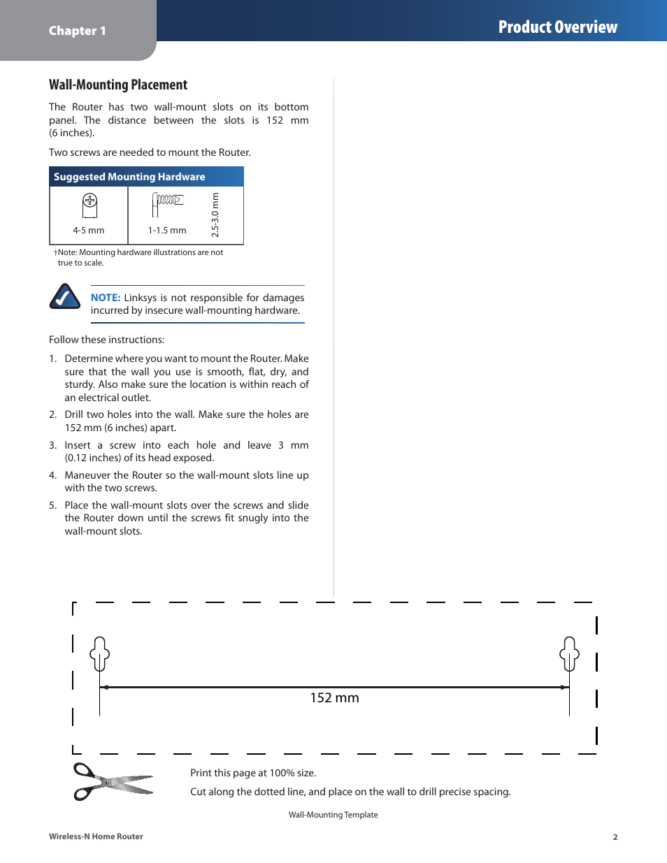 Product overview, Wall-mounting placement, 152 mm | Linksys WRT120N User Manual | Page 6 / 55