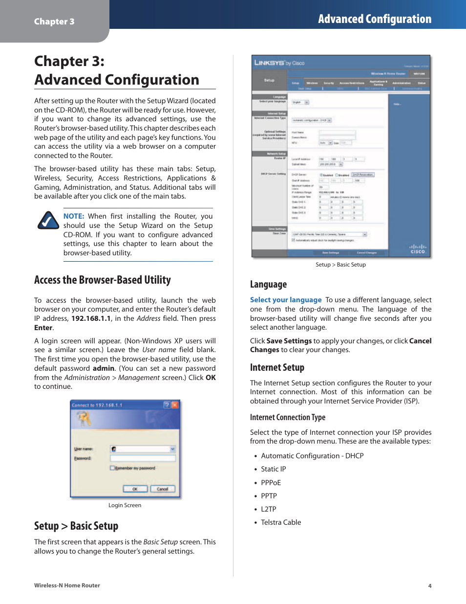 Chapter 3: advanced configuration, Setup > basic setup, Advanced configuration | Access the browser-based utility, Language, Internet setup | Linksys WRT120N User Manual | Page 8 / 55
