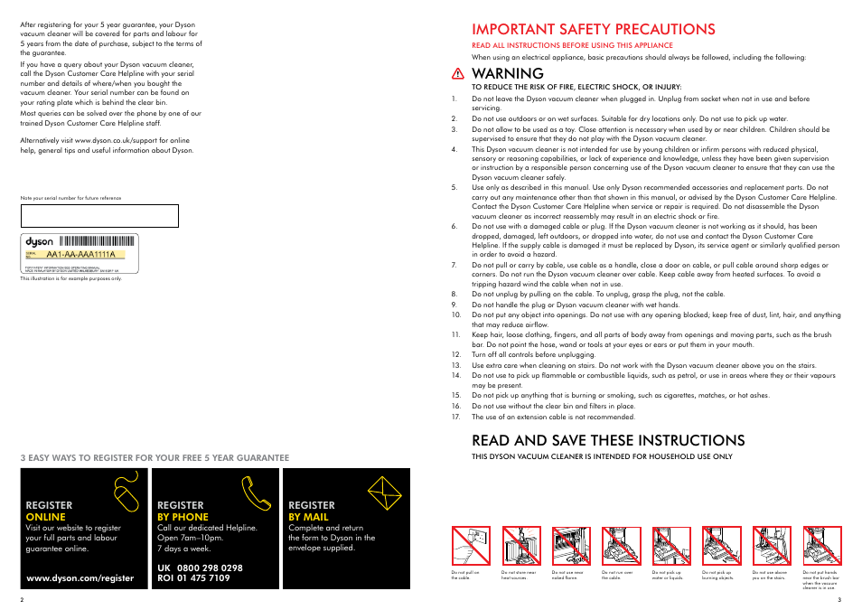 Important safety precautions, Warning, Read and save these instructions | DYSON DC 33 User Manual | Page 2 / 7