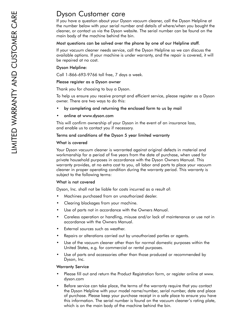 Dyson customer care, Limited w arranty and cust omer care | DYSON DC 17 User Manual | Page 11 / 16