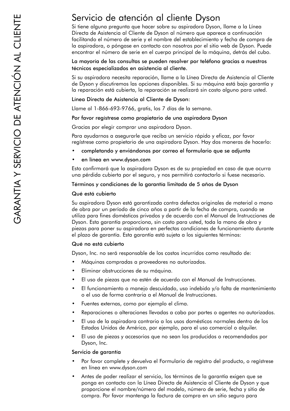 Servicio de atención al cliente dyson, Garantia y servicio de atención al cliente | DYSON DC 17 User Manual | Page 13 / 16
