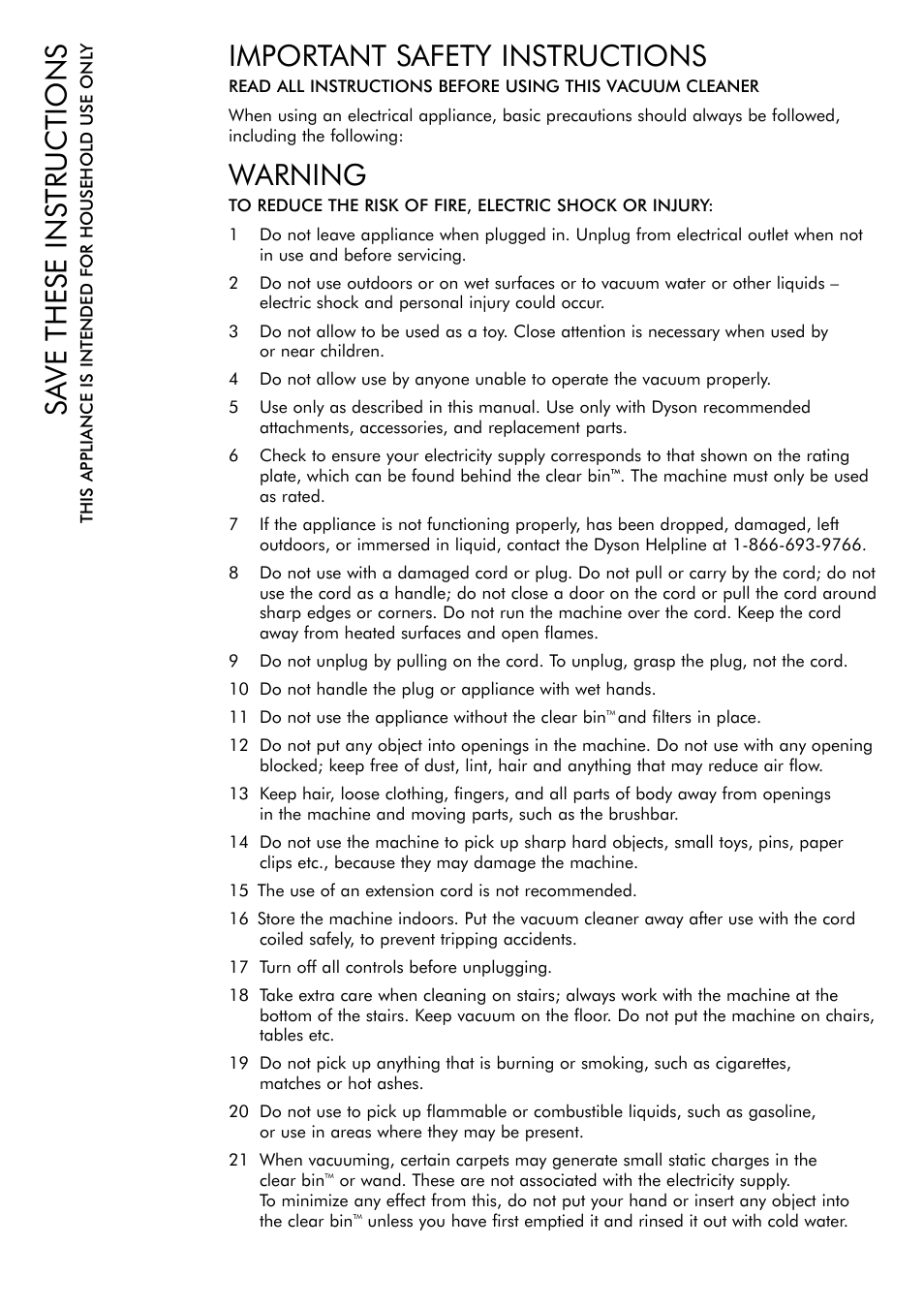 Warning, Important safety instructions, Sa ve these instructions | DYSON DC 17 User Manual | Page 3 / 16