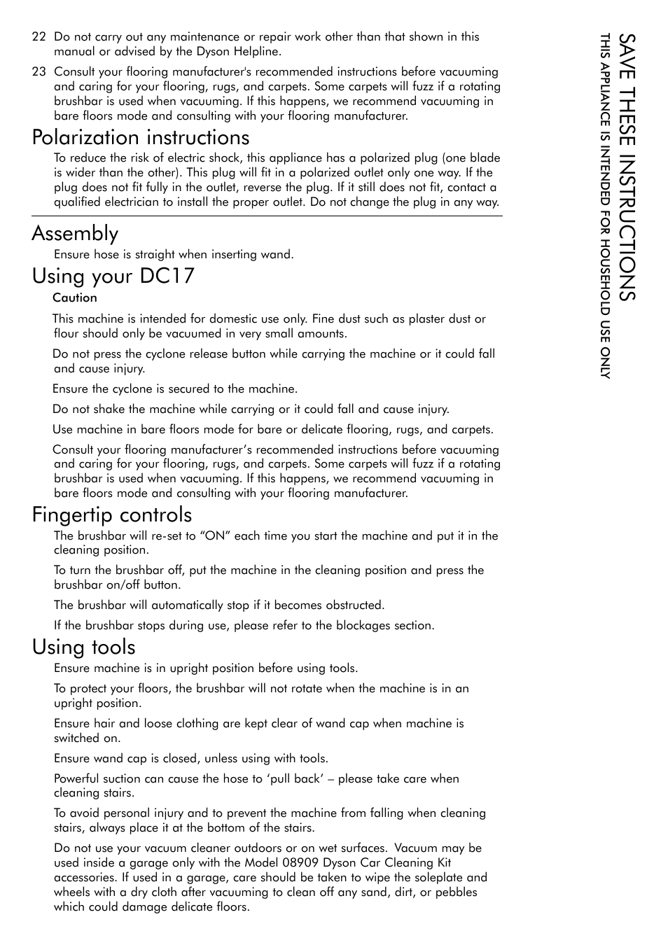 Polarization instructions, Assembly, Using your dc17 | Fingertip controls, Using tools, Sa ve these instructions | DYSON DC 17 User Manual | Page 4 / 16