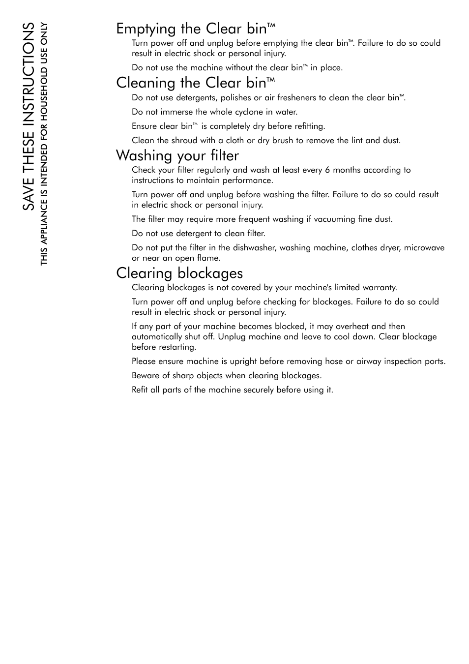 Emptying the clear bin, Cleaning the clear bin, Washing your filter | Clearing blockages, Sa ve these instructions | DYSON DC 17 User Manual | Page 5 / 16