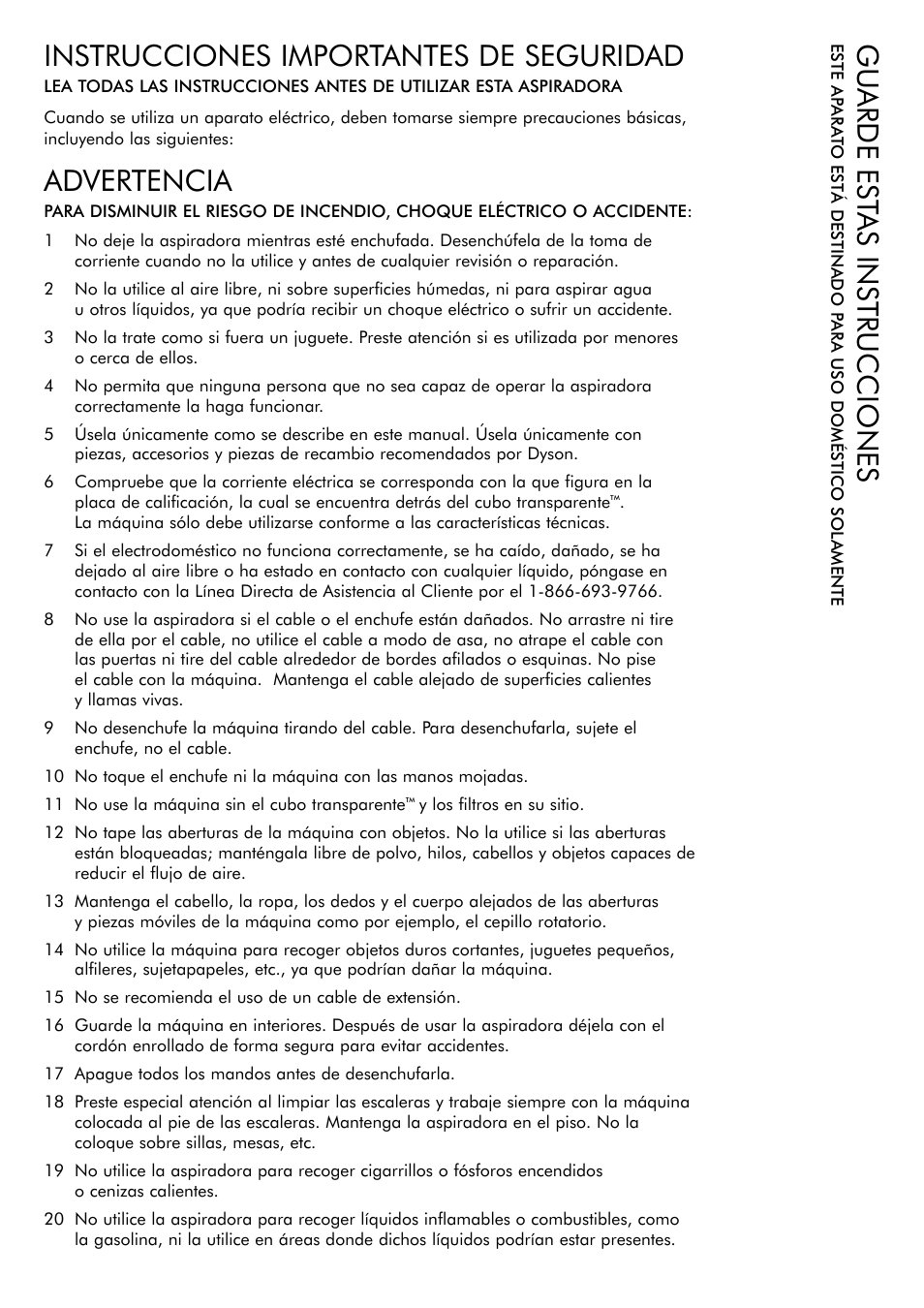 Instrucciones importantes de seguridad, Gu arde est as instrucciones, Advertencia | DYSON DC 17 User Manual | Page 6 / 16