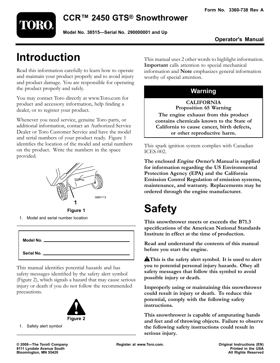 Toro CCR 2450 GTS  Snowthrower 38515 User Manual | 12 pages