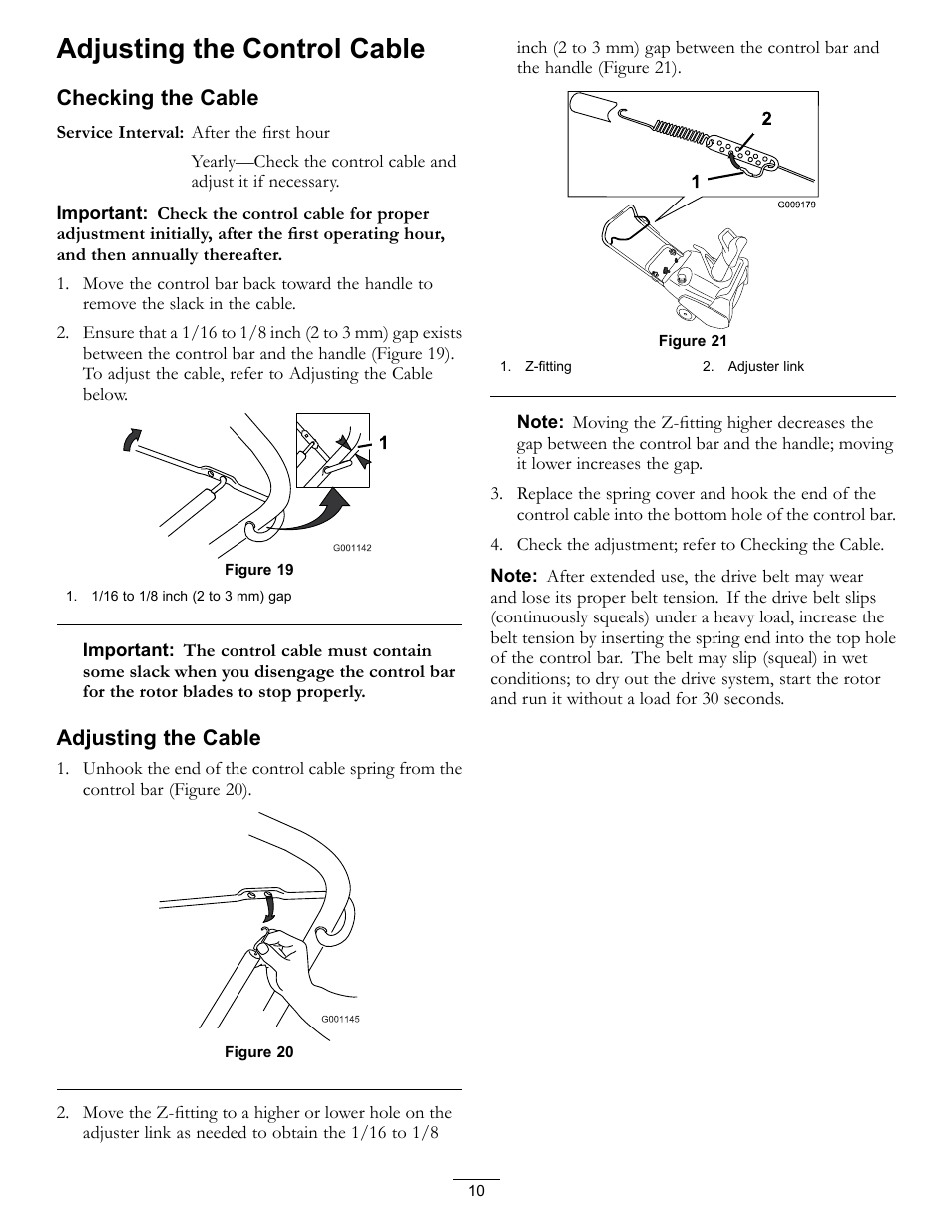 Adjusting the control cable, Checking the cable, Adjusting the cable | Toro CCR 2450 GTS  Snowthrower 38515 User Manual | Page 10 / 12