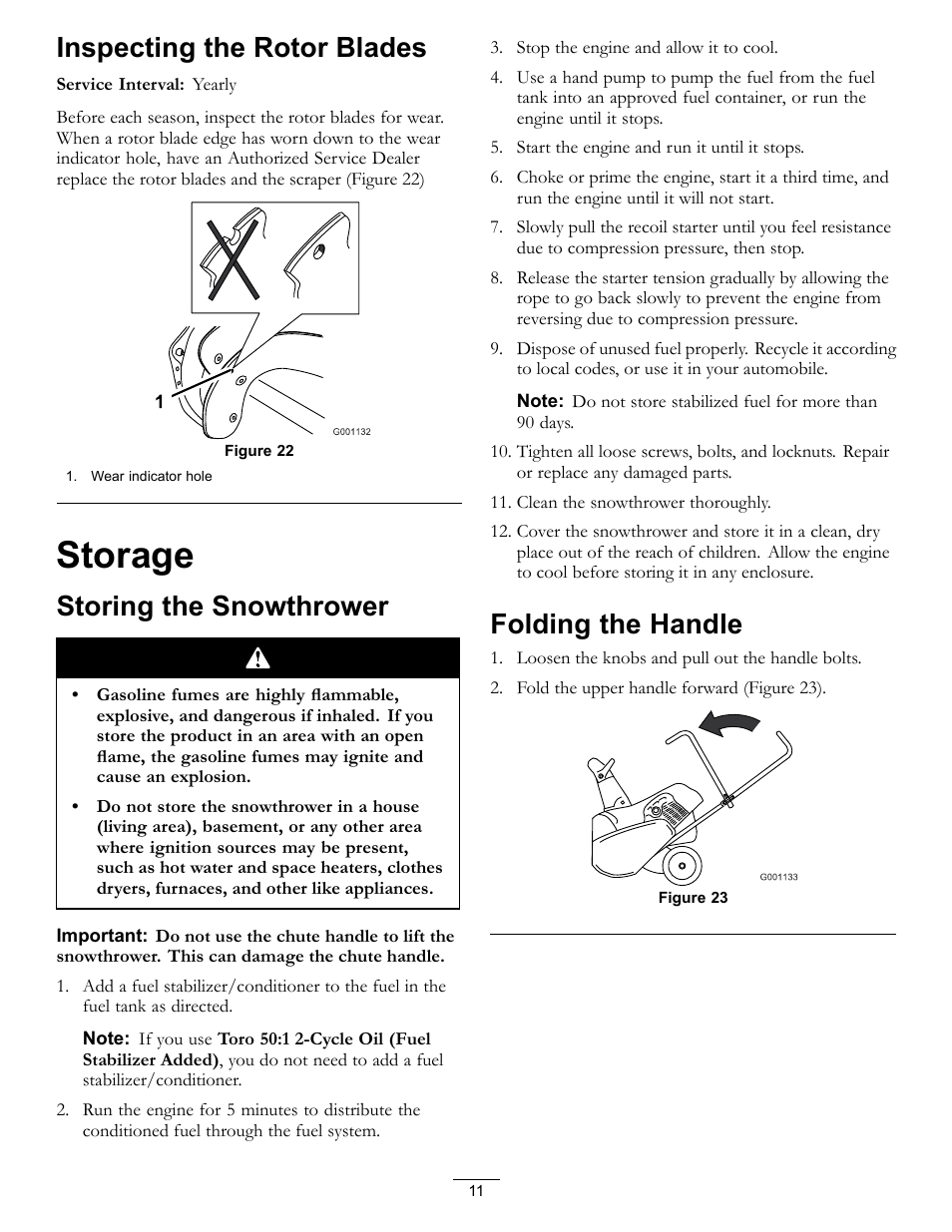 Storage, Inspecting the rotor blades, Storing the snowthrower | Folding the handle | Toro CCR 2450 GTS  Snowthrower 38515 User Manual | Page 11 / 12