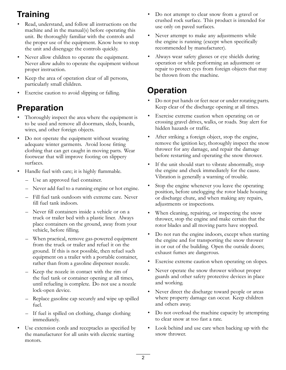 Training, Preparation, Operation | Toro CCR 2450 GTS  Snowthrower 38515 User Manual | Page 2 / 12