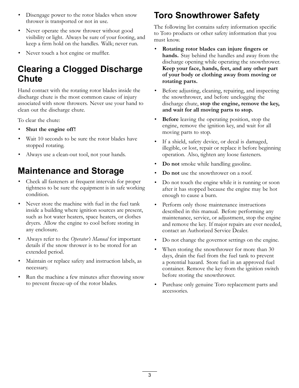 Clearing a clogged discharge chute, Maintenance and storage, Toro snowthrower safety | Toro CCR 2450 GTS  Snowthrower 38515 User Manual | Page 3 / 12