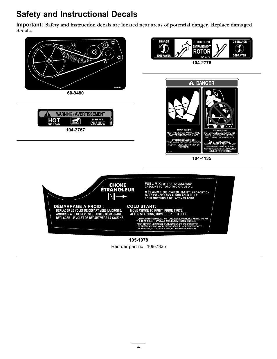Safety and instructional decals | Toro CCR 2450 GTS  Snowthrower 38515 User Manual | Page 4 / 12
