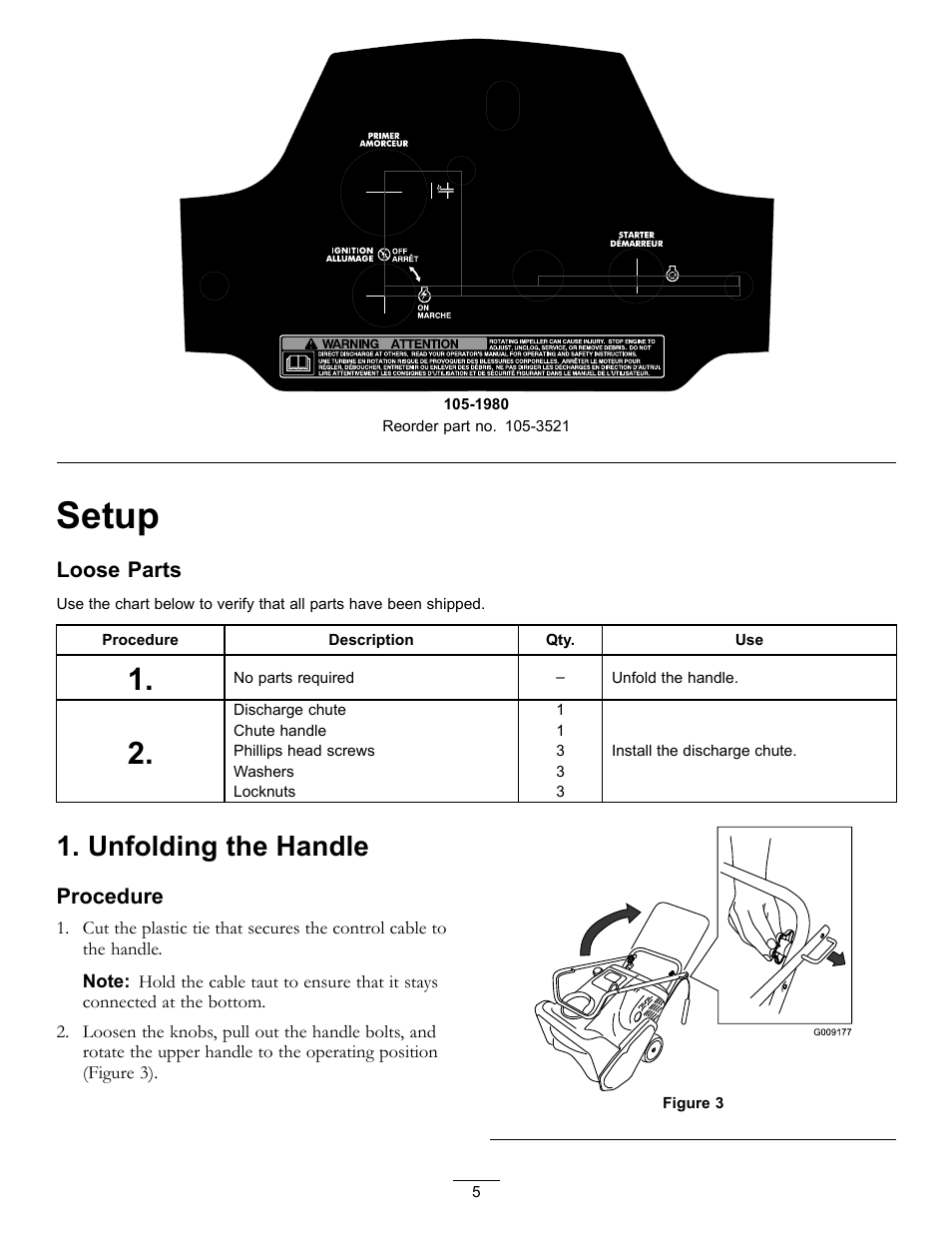 Setup, Unfolding the handle, Loose parts | Procedure | Toro CCR 2450 GTS  Snowthrower 38515 User Manual | Page 5 / 12