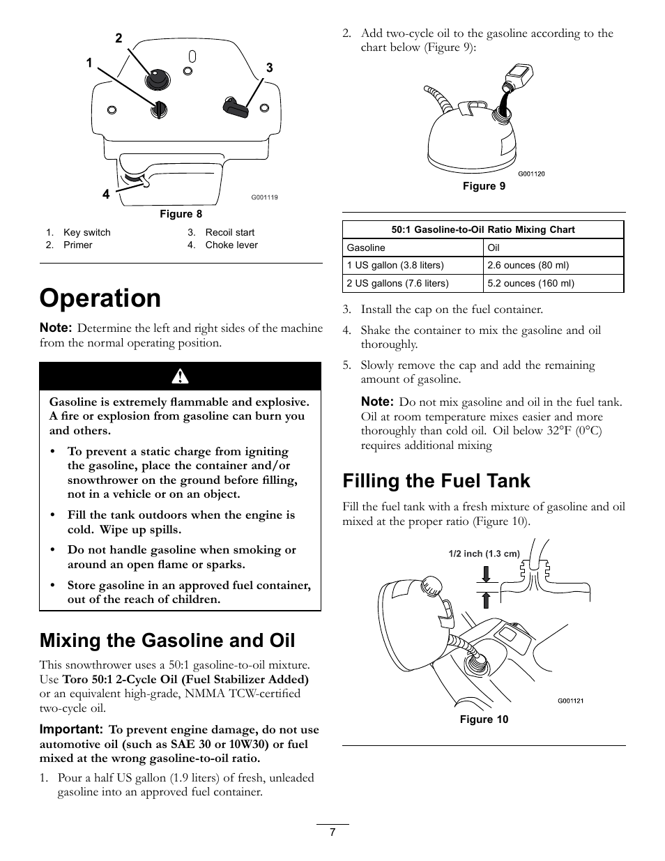 Operation, Mixing the gasoline and oil, Filling the fuel tank | Toro CCR 2450 GTS  Snowthrower 38515 User Manual | Page 7 / 12