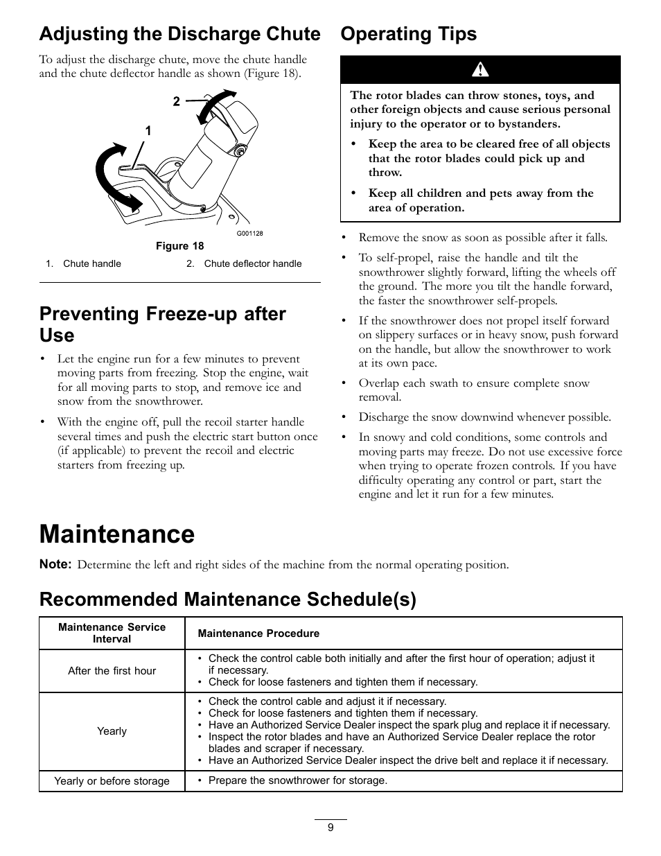 Maintenance, Adjusting the discharge chute, Preventing freeze-up after use | Operating tips, Recommended maintenance schedule(s) | Toro CCR 2450 GTS  Snowthrower 38515 User Manual | Page 9 / 12