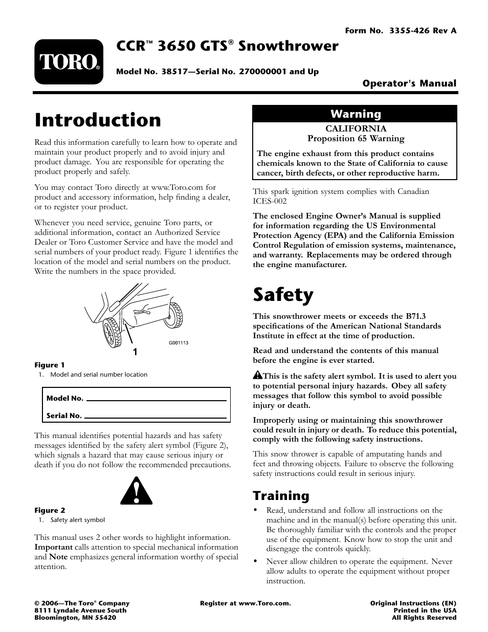 Toro CCR 3650 GTS Snowthrower 38517 User Manual | 16 pages
