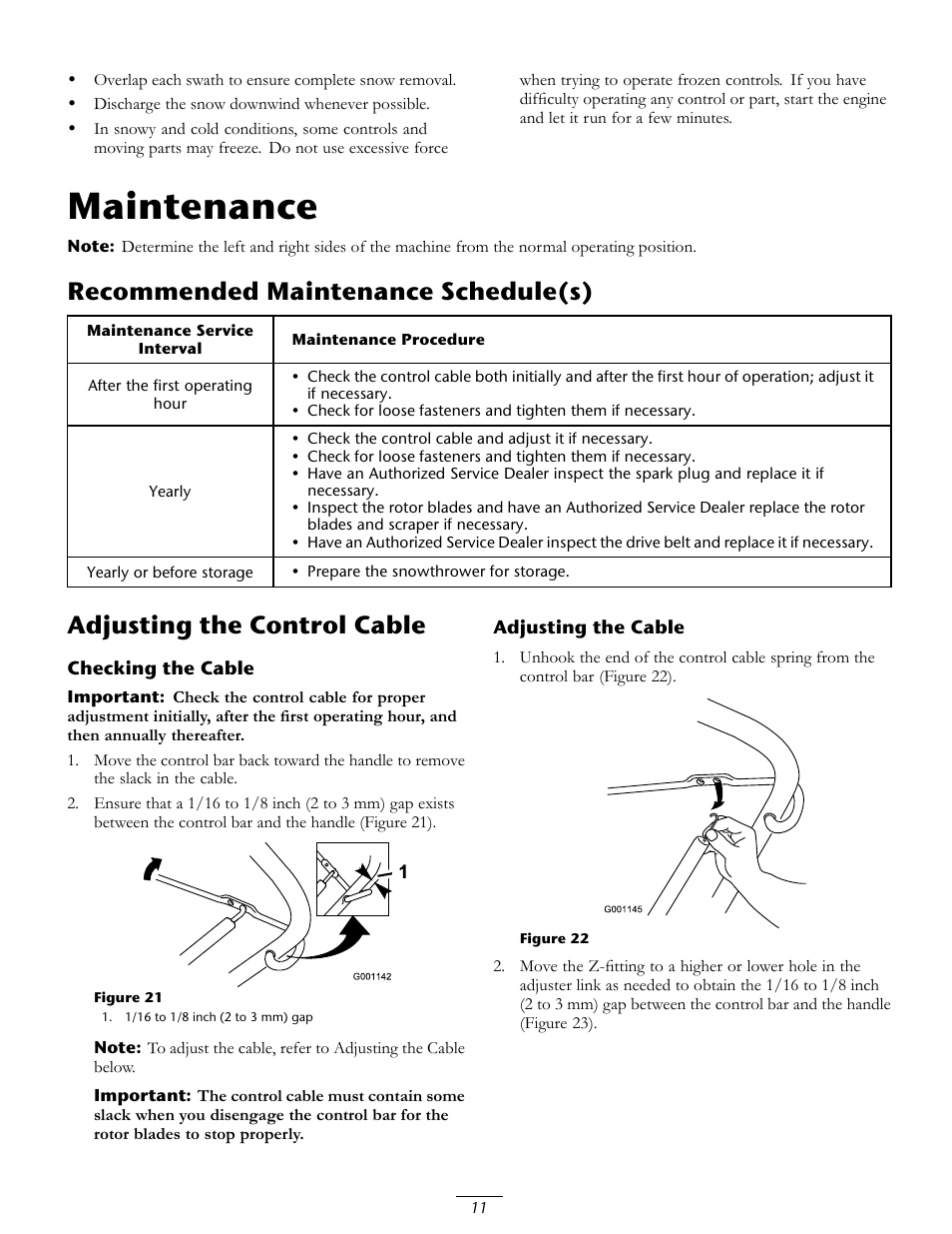 Maintenance, Recommended maintenance schedule(s), Adjusting the control cable | Toro CCR 3650 GTS Snowthrower 38517 User Manual | Page 11 / 16