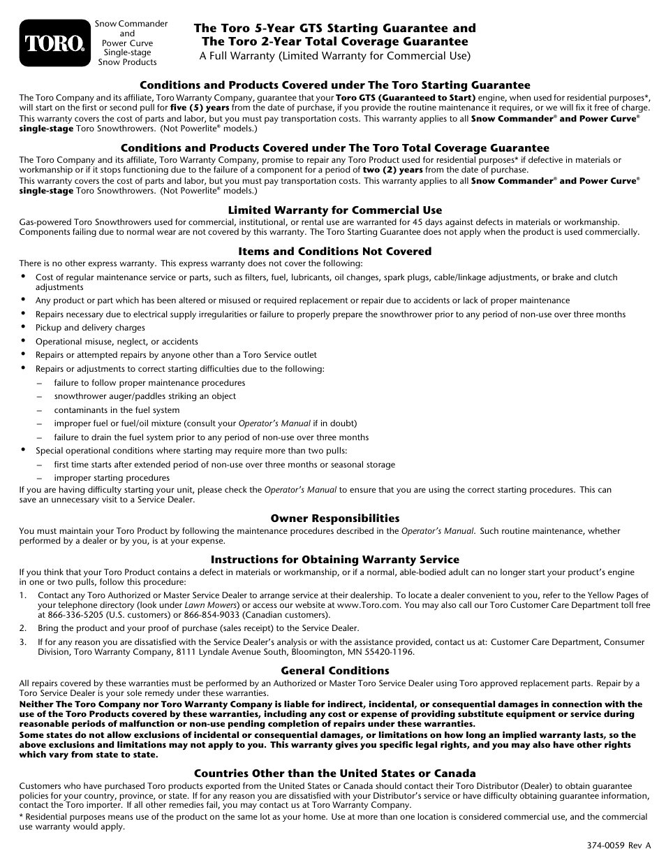 Toro CCR 3650 GTS Snowthrower 38517 User Manual | Page 16 / 16