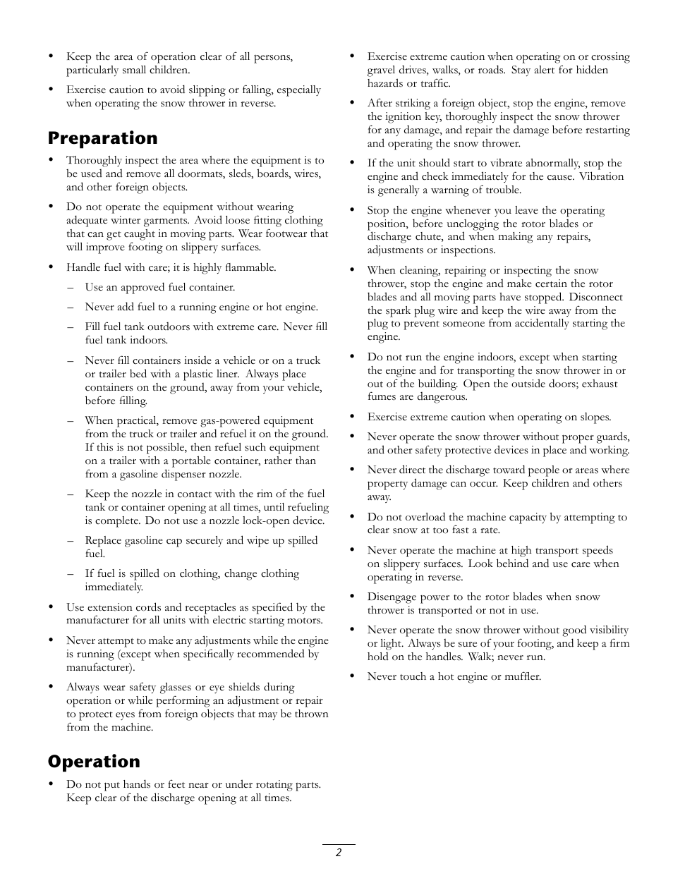 Preparation, Operation | Toro CCR 3650 GTS Snowthrower 38517 User Manual | Page 2 / 16