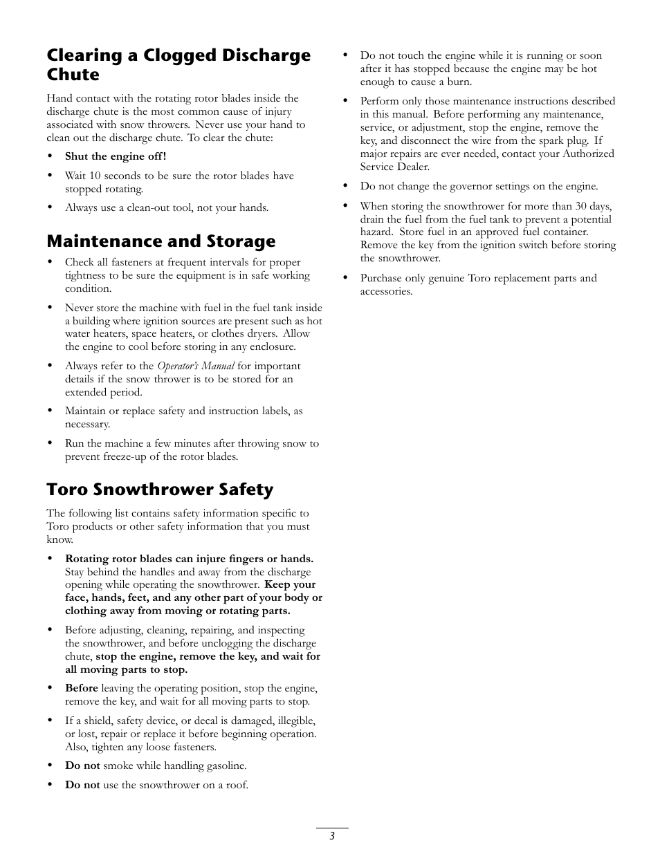 Clearing a clogged discharge chute, Maintenance and storage, Toro snowthrower safety | Toro CCR 3650 GTS Snowthrower 38517 User Manual | Page 3 / 16