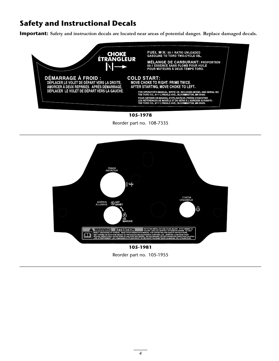 Safety and instructional decals | Toro CCR 3650 GTS Snowthrower 38517 User Manual | Page 4 / 16