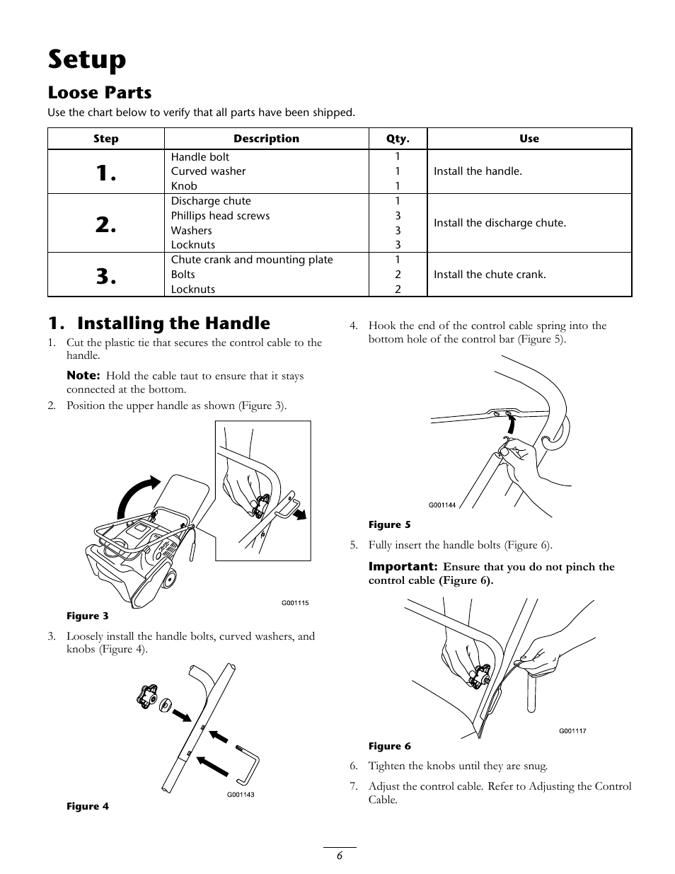 Setup, Loose parts, Installing the handle | Toro CCR 3650 GTS Snowthrower 38517 User Manual | Page 6 / 16