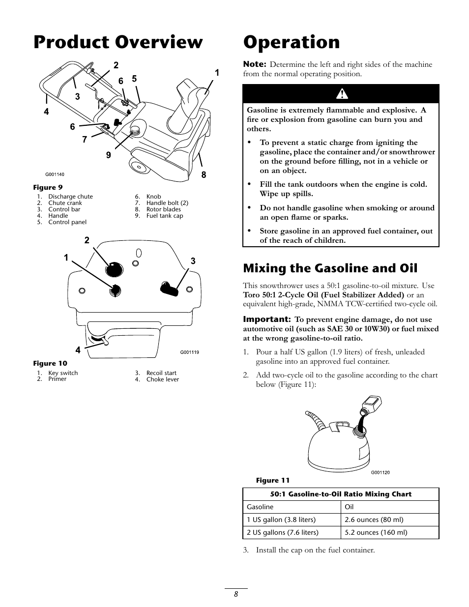 Product overview, Operation, Mixing the gasoline and oil | Toro CCR 3650 GTS Snowthrower 38517 User Manual | Page 8 / 16