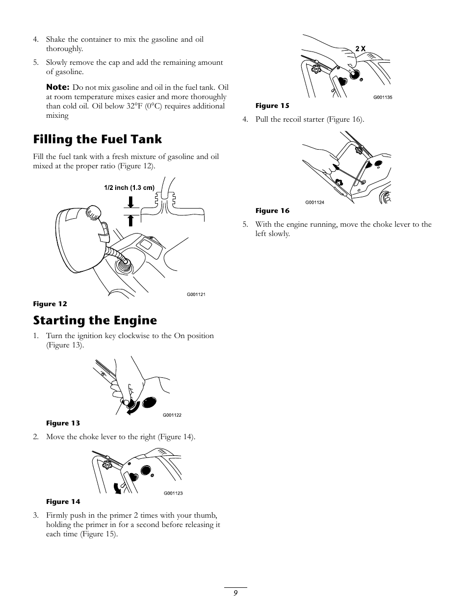 Filling the fuel tank, Starting the engine | Toro CCR 3650 GTS Snowthrower 38517 User Manual | Page 9 / 16