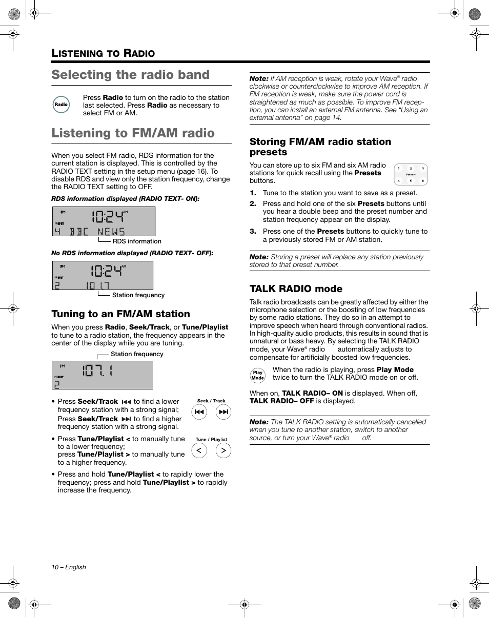 Selecting the radio band, Listening to fm/am radio, Tuning to an fm/am station | Storing fm/am radio station presets, Talk radio mode | Bose Wave Radio III User Manual | Page 10 / 24