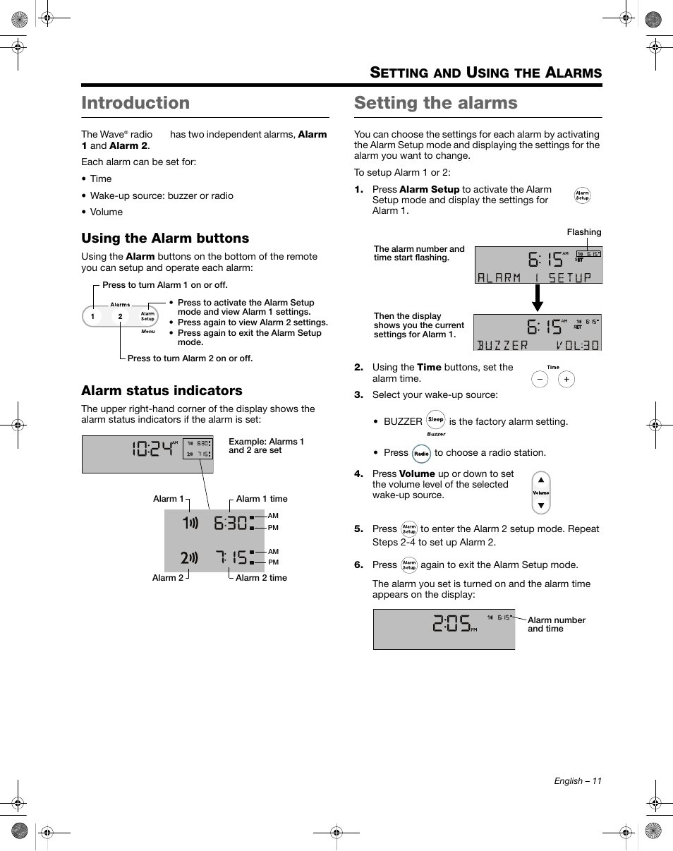 Introduction, Setting the alarms, Using the alarm buttons | Alarm status indicators | Bose Wave Radio III User Manual | Page 11 / 24