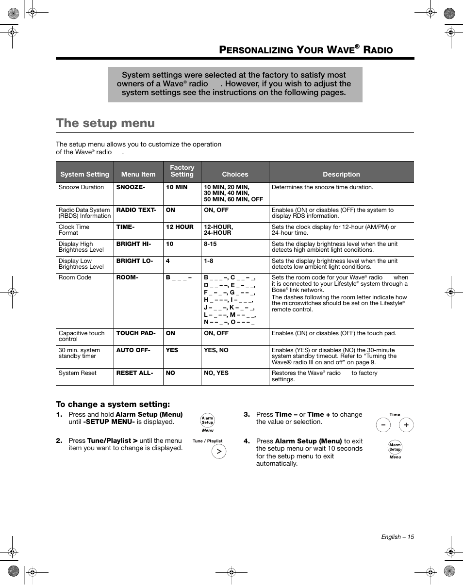 The setup menu, Ersonalizing, Adio | Bose Wave Radio III User Manual | Page 15 / 24