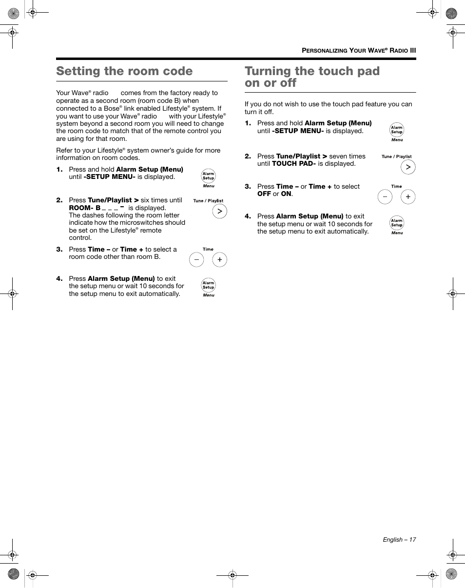 Setting the room code, Turning the touch pad on or off | Bose Wave Radio III User Manual | Page 17 / 24