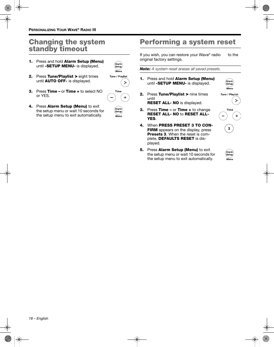 Changing the system standby timeout, Performing a system reset | Bose Wave Radio III User Manual | Page 18 / 24