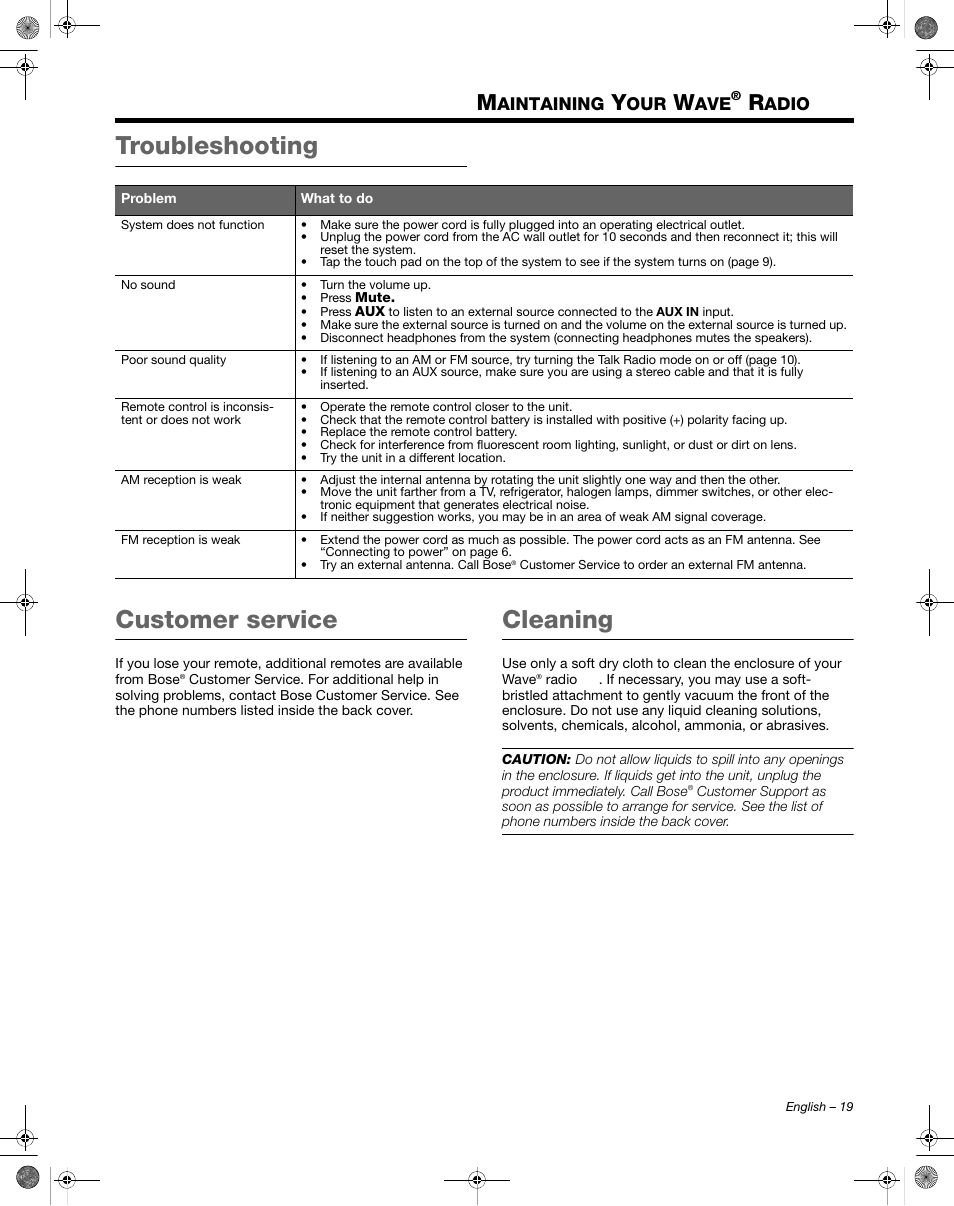 Troubleshooting customer service, Cleaning, Aintaining | Adio | Bose Wave Radio III User Manual | Page 19 / 24