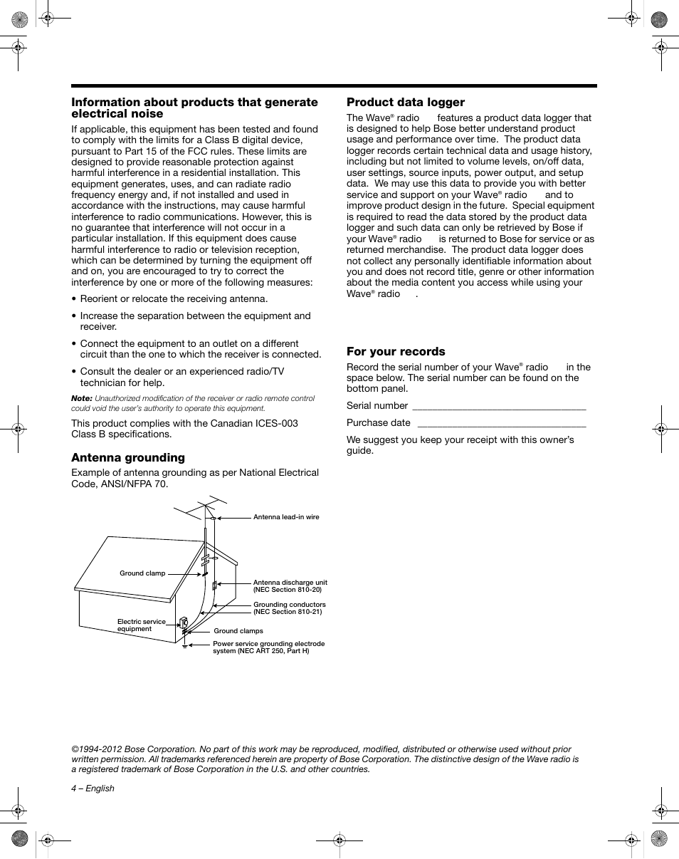 Antenna grounding, Product data logger, For your records | Bose Wave Radio III User Manual | Page 4 / 24