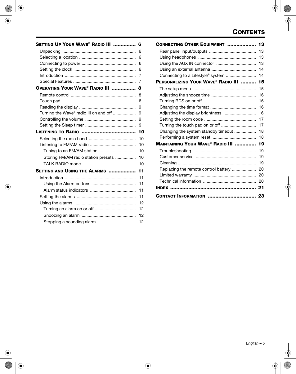 Ontents | Bose Wave Radio III User Manual | Page 5 / 24