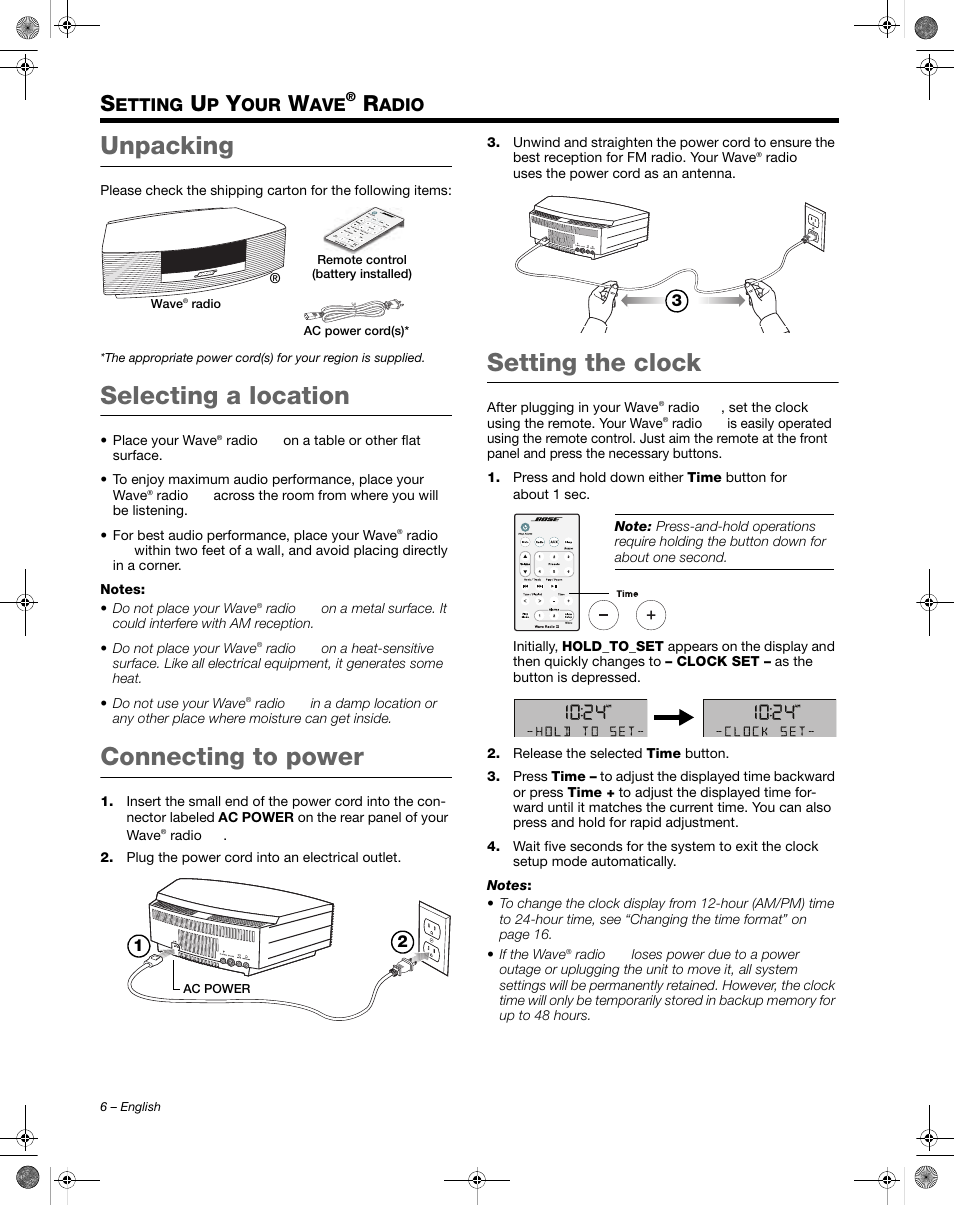 Unpacking, Selecting a location, Connecting to power | Setting the clock, Etting, Adio | Bose Wave Radio III User Manual | Page 6 / 24
