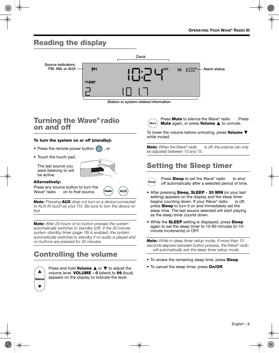 Reading the display turning the wave, Radio iii on and off, Controlling the volume | Setting the sleep timer | Bose Wave Radio III User Manual | Page 9 / 24