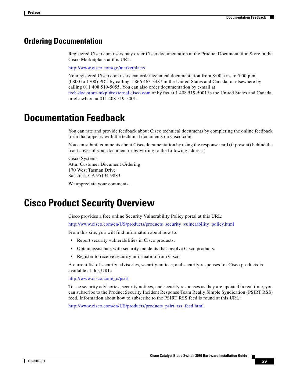 Ordering documentation, Documentation feedback, Cisco product security overview | Cisco 3030 User Manual | Page 15 / 72