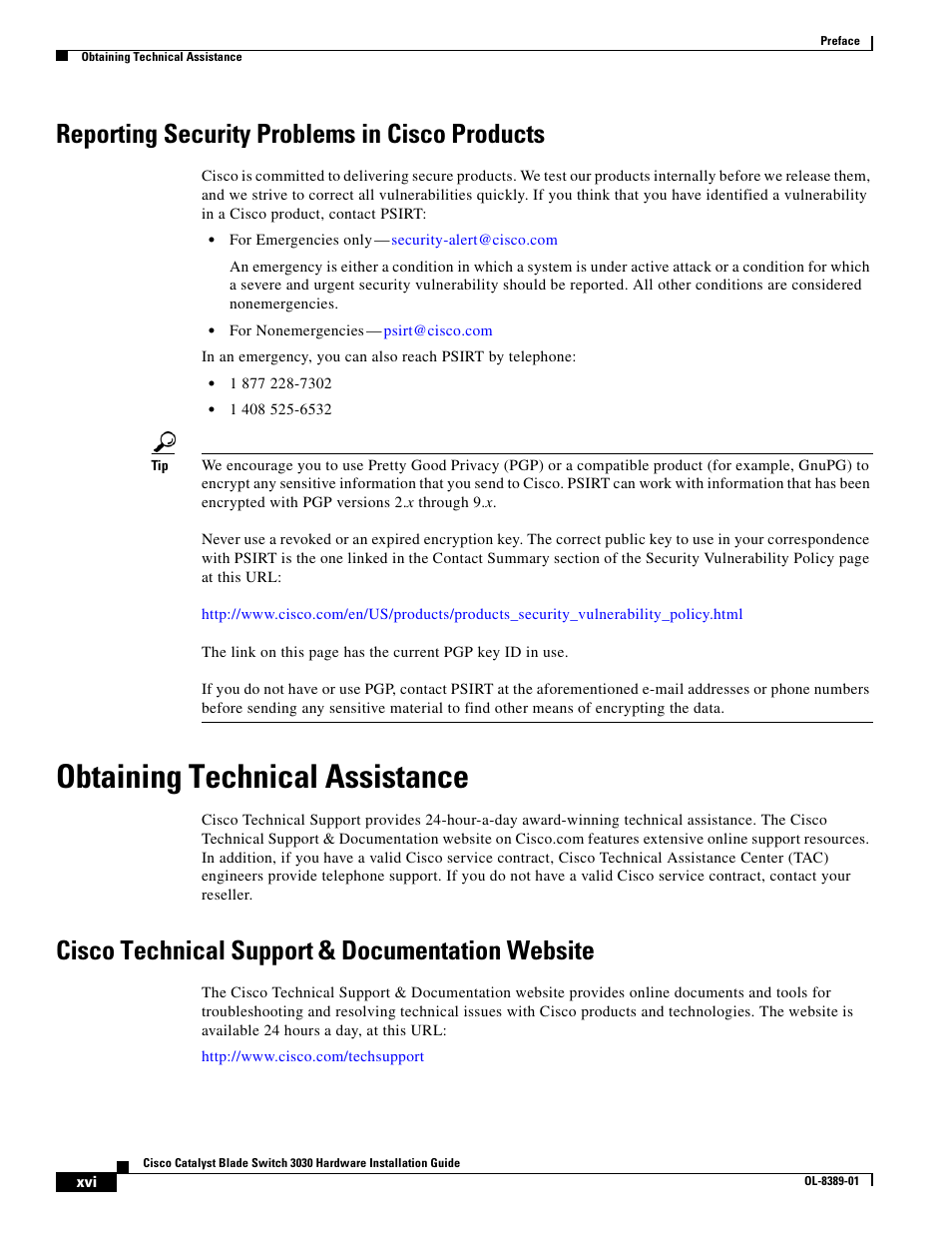 Reporting security problems in cisco products, Obtaining technical assistance, Cisco technical support & documentation website | Cisco 3030 User Manual | Page 16 / 72