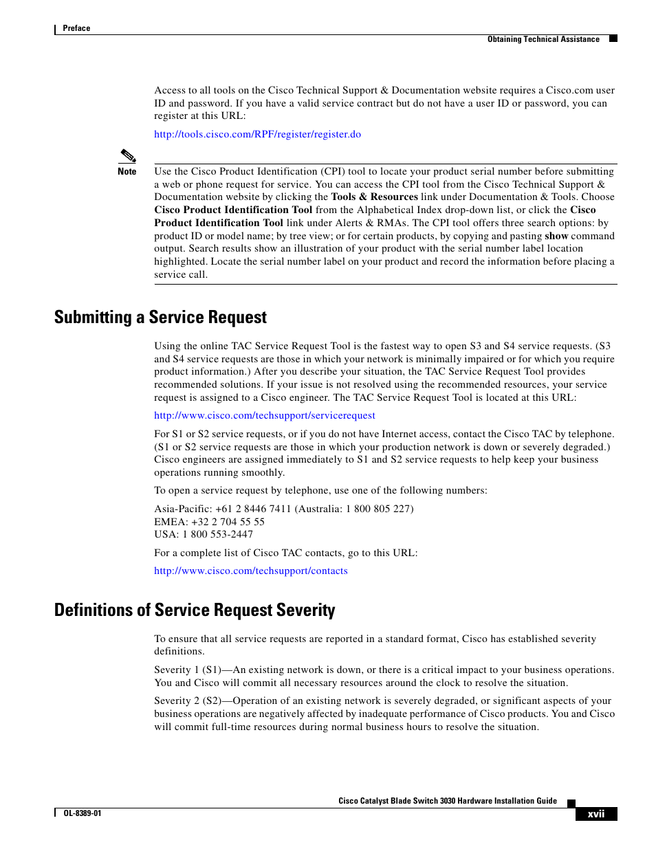 Submitting a service request, Definitions of service request severity | Cisco 3030 User Manual | Page 17 / 72