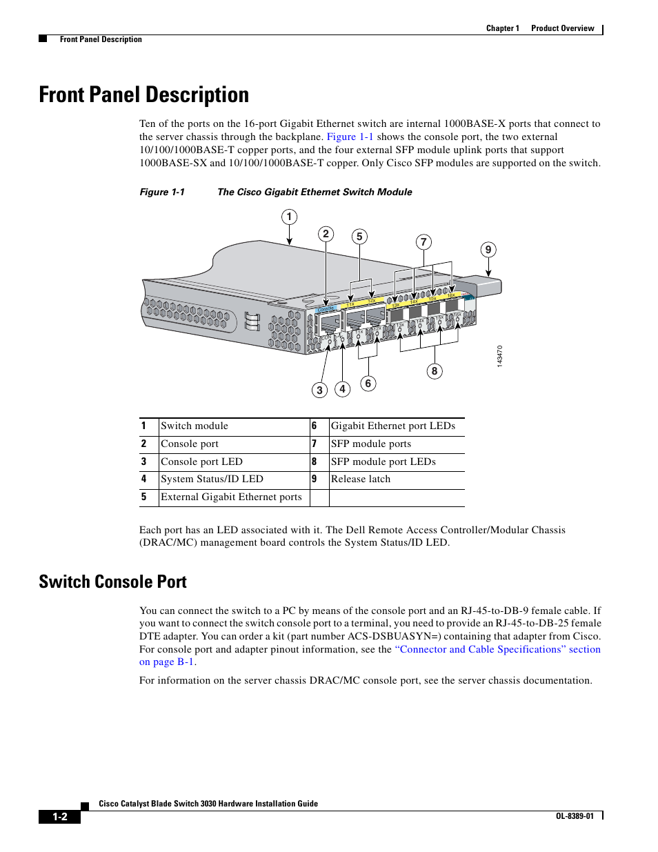 Front panel description, Switch console port | Cisco 3030 User Manual | Page 22 / 72